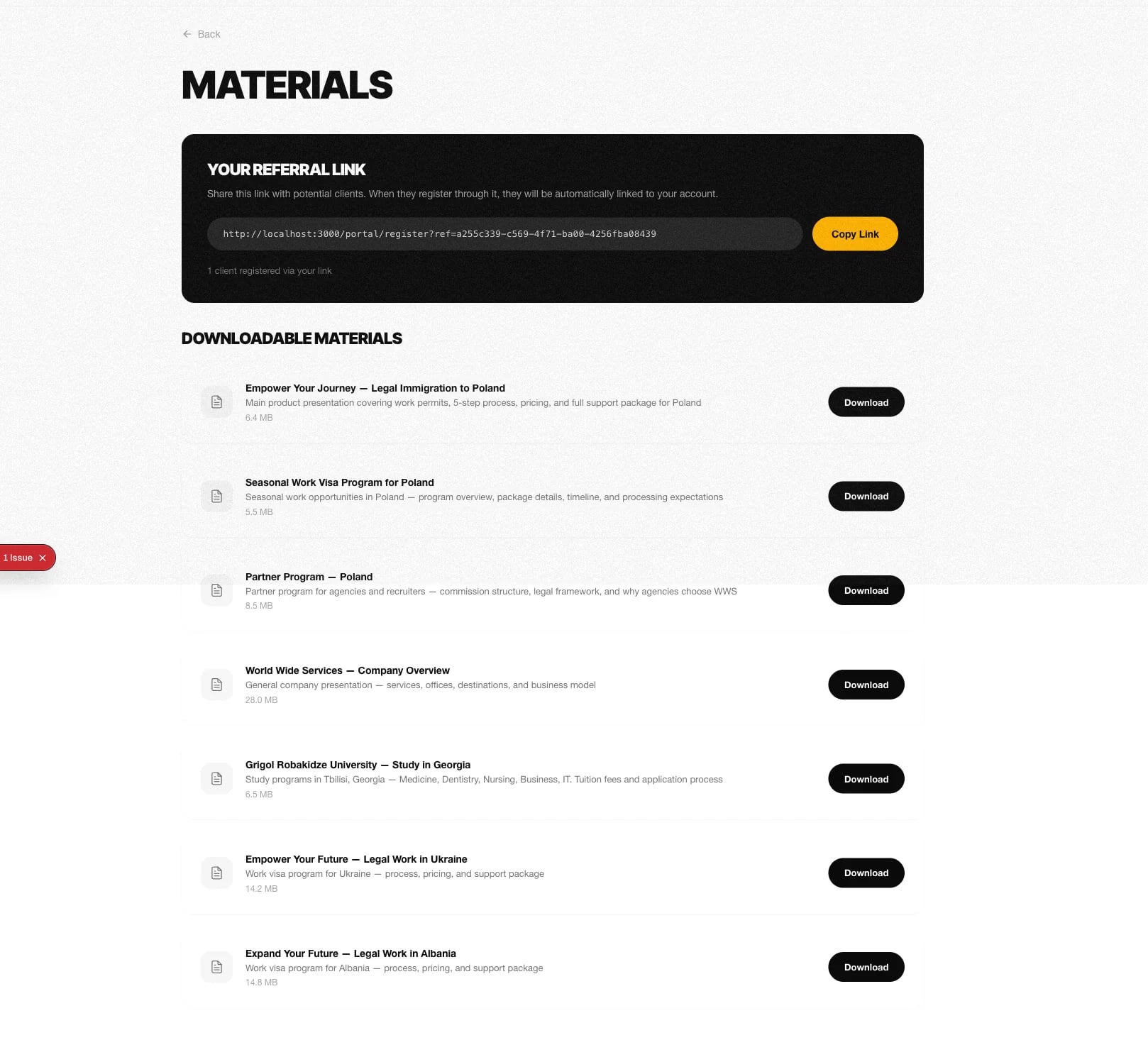 Marketing materials — referral link, downloadable brochures